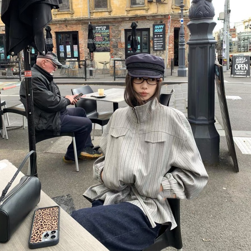 Autumn zip lapel jacket stripe drawstring coat