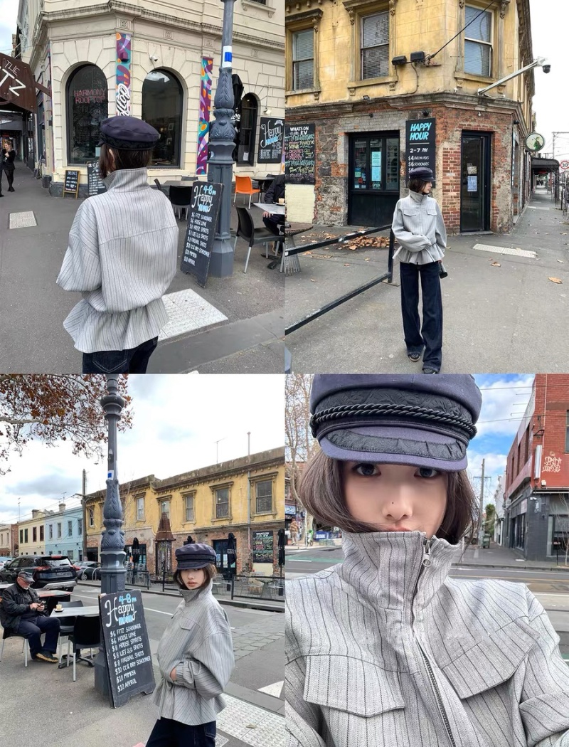 Autumn zip lapel jacket stripe drawstring coat