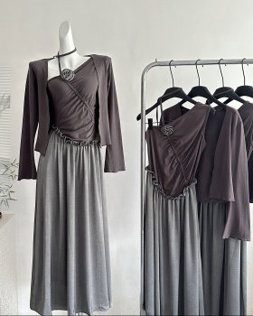 Strapless banquet long dress sloping shoulder cardigan a set