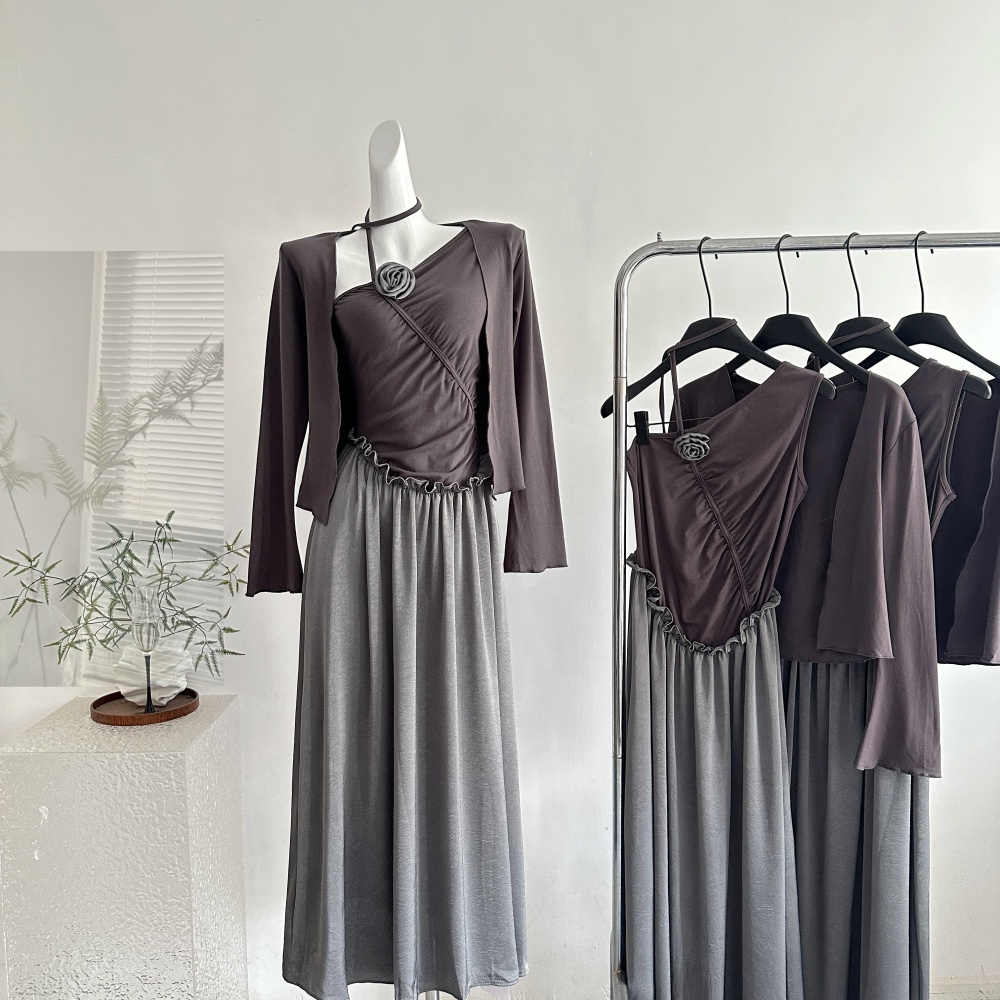 Strapless banquet long dress sloping shoulder cardigan a set