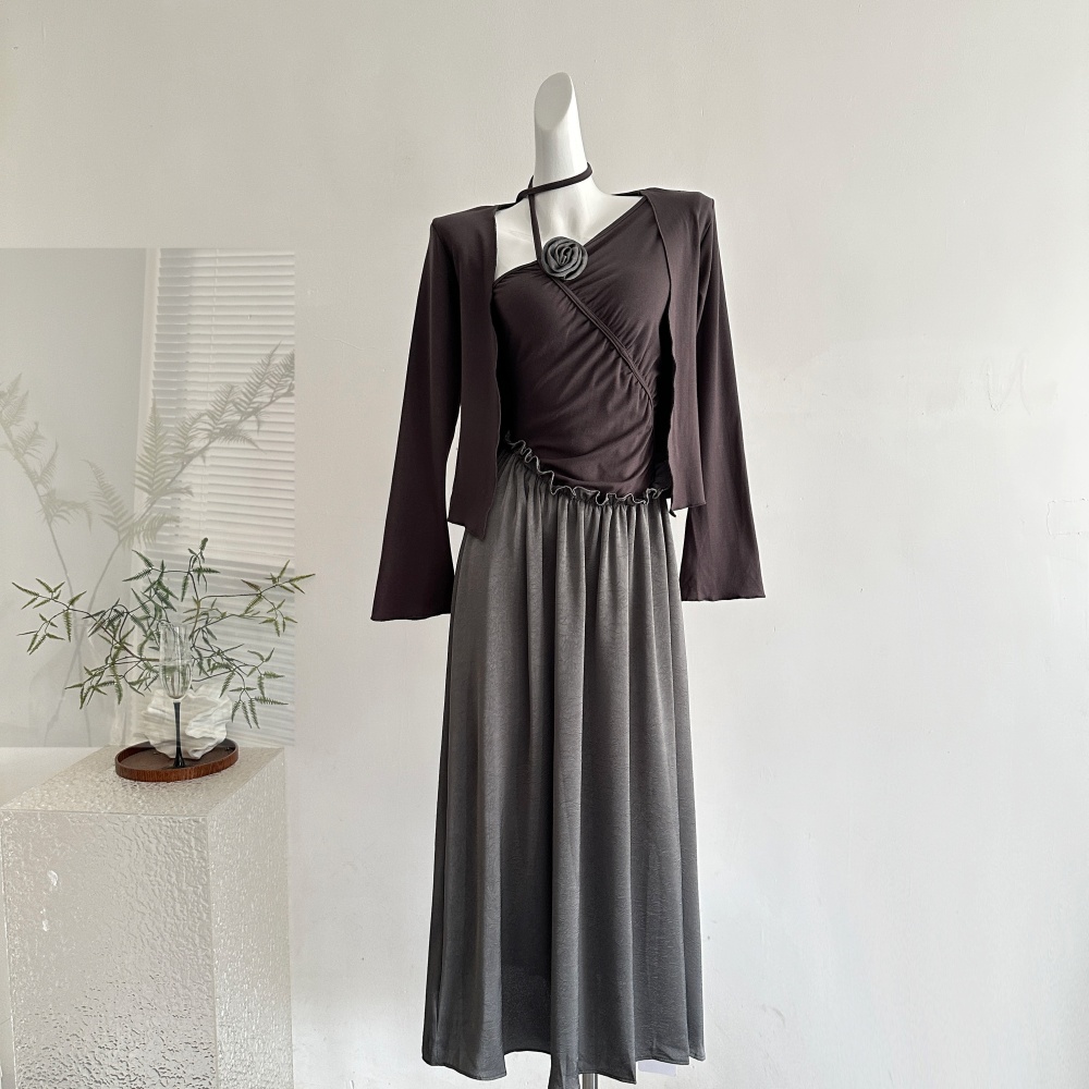 Strapless banquet long dress sloping shoulder cardigan a set