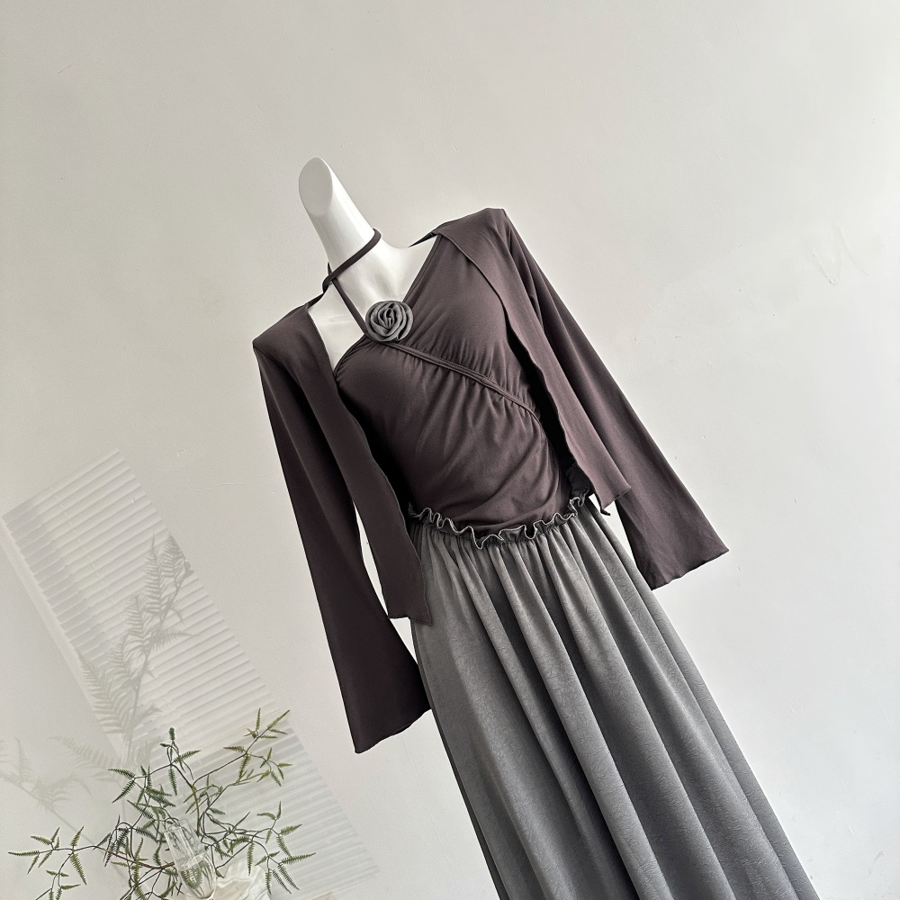 Strapless banquet long dress sloping shoulder cardigan a set