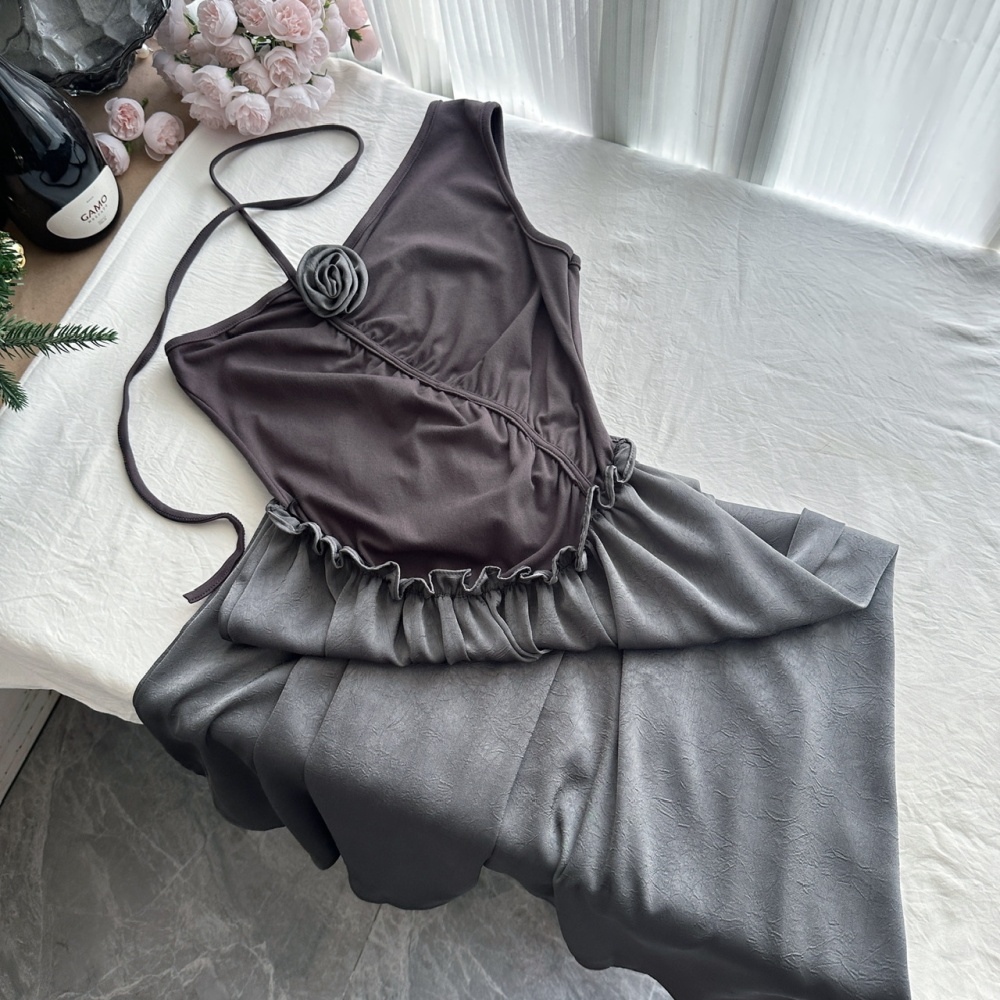 Strapless banquet long dress sloping shoulder cardigan a set
