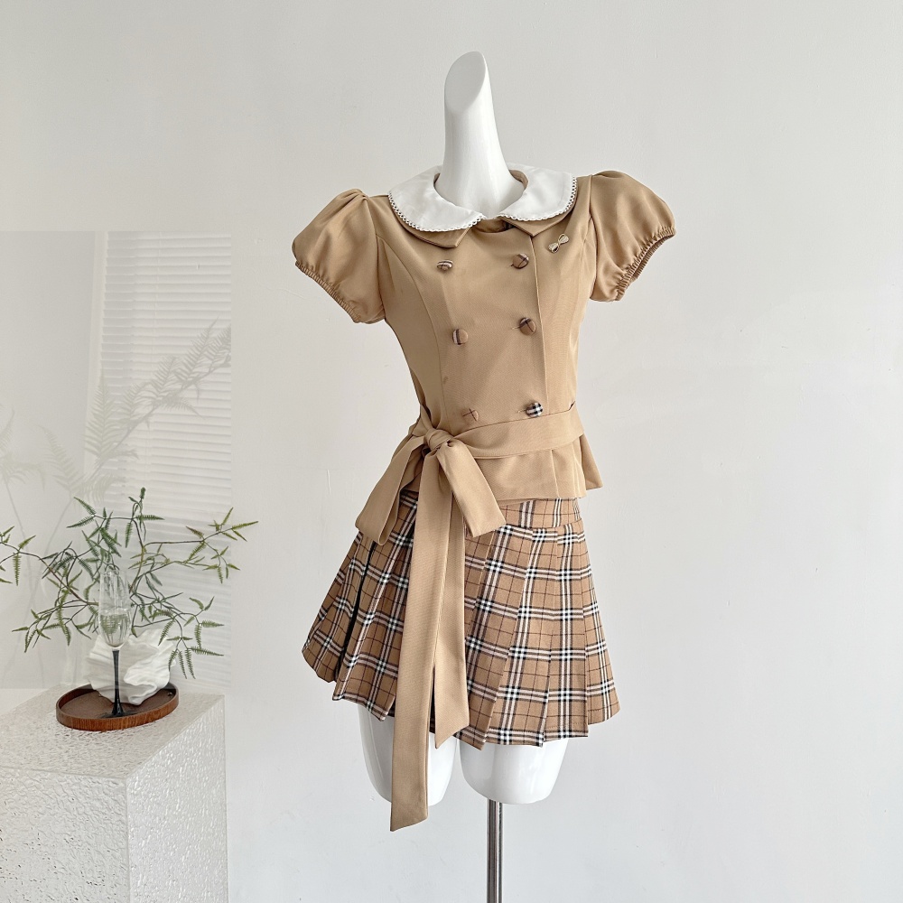 Plaid doll collar mixed colors tops pleated slim skirt a set