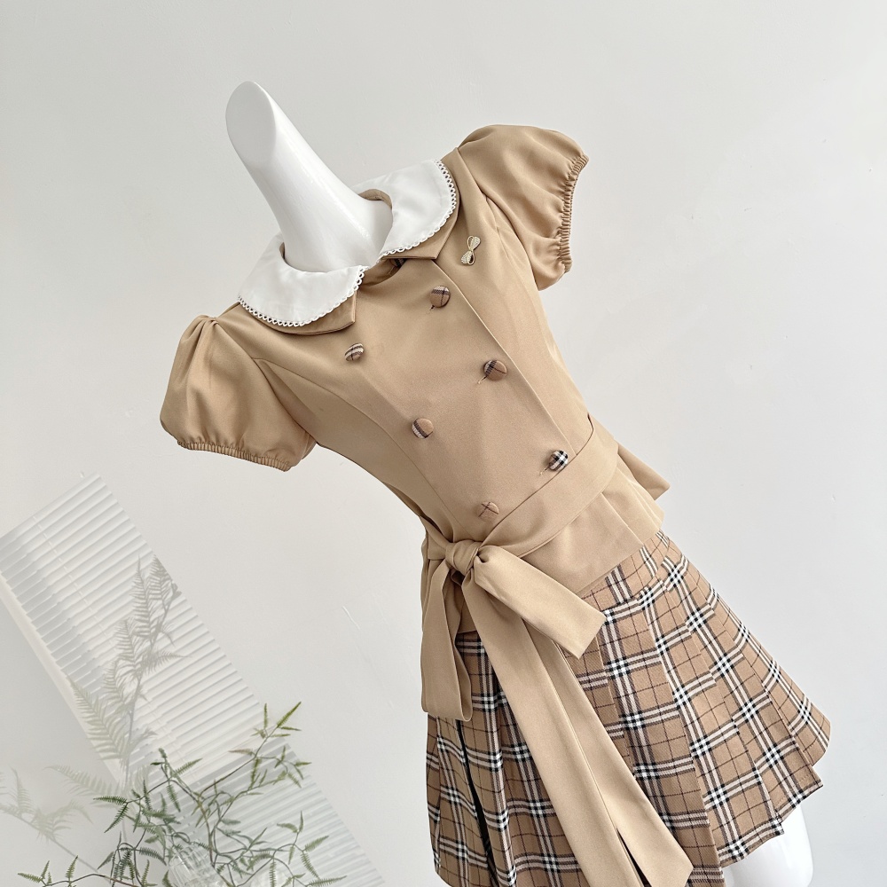Plaid doll collar mixed colors tops pleated slim skirt a set
