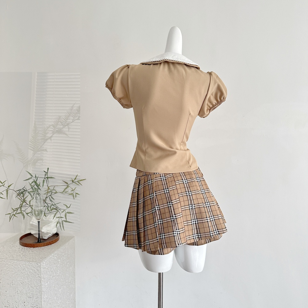 Plaid doll collar mixed colors tops pleated slim skirt a set
