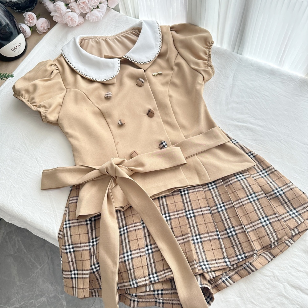 Plaid doll collar mixed colors tops pleated slim skirt a set