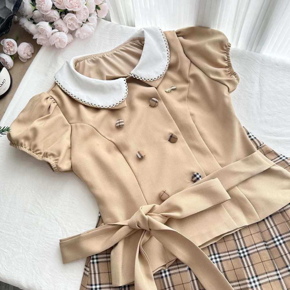 Plaid doll collar mixed colors tops pleated slim skirt a set