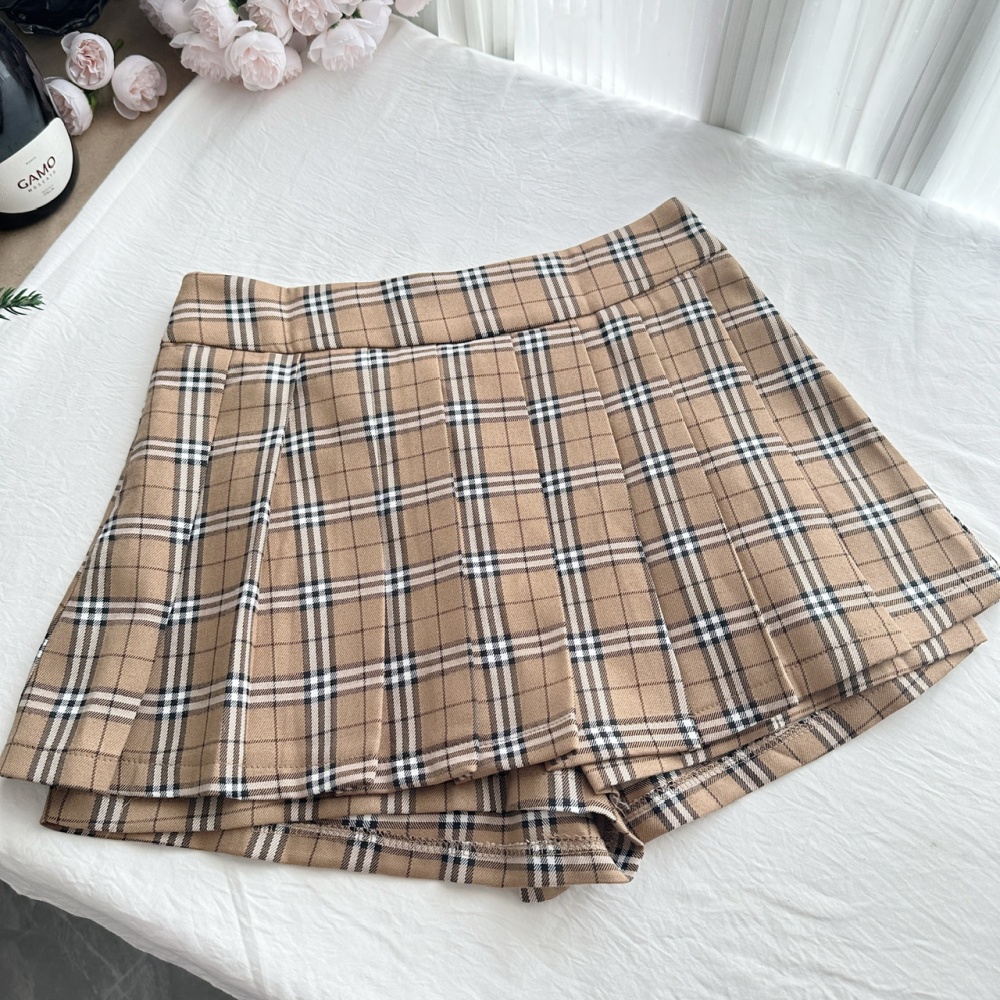 Plaid doll collar mixed colors tops pleated slim skirt a set