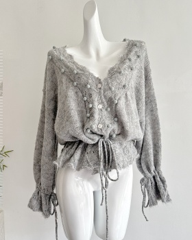 Hollow hairball crochet V-neck sweater for women