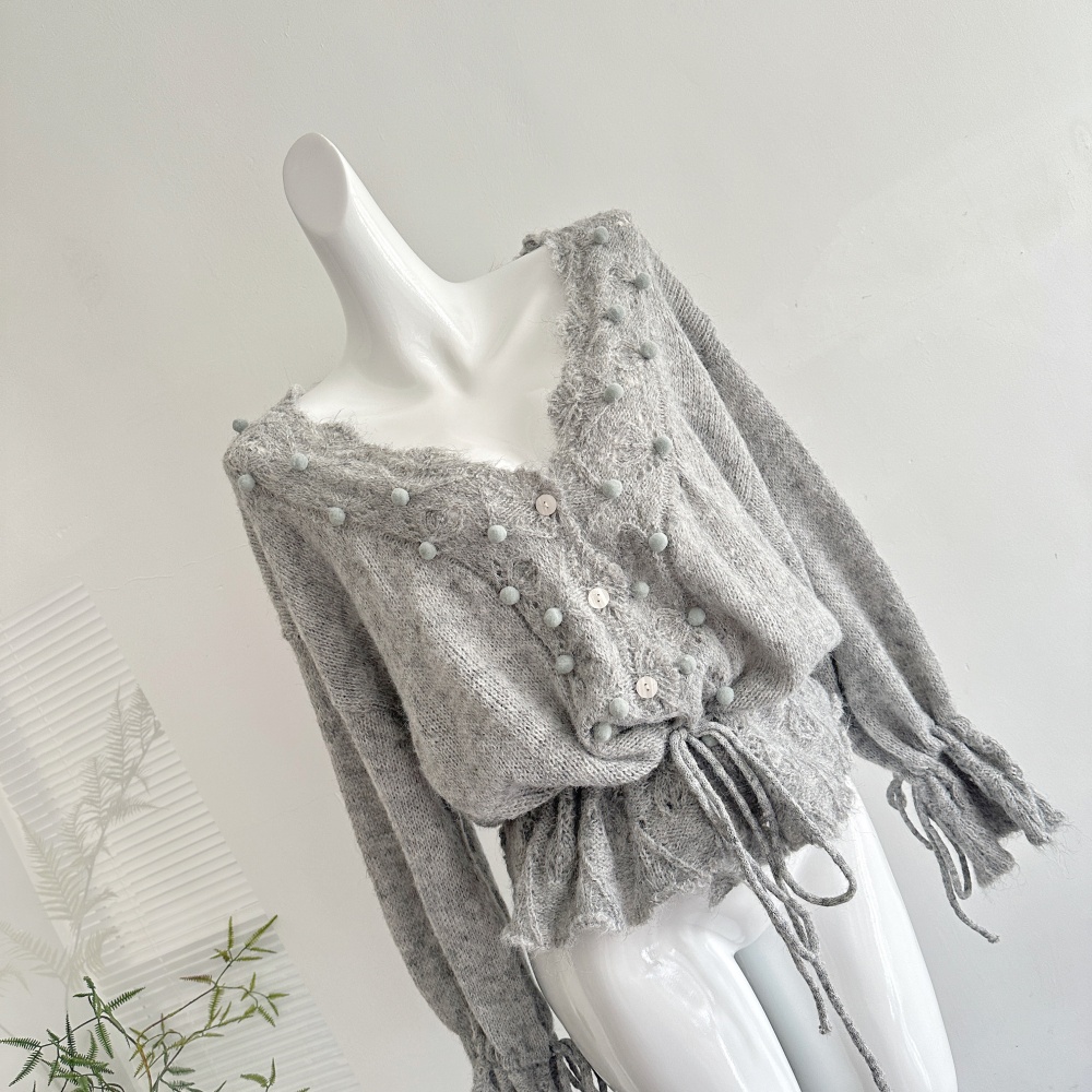 Hollow hairball crochet V-neck sweater for women