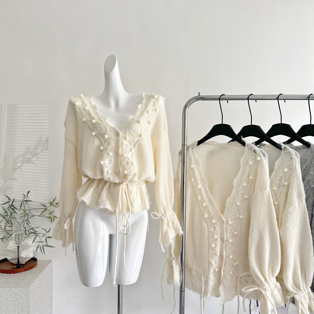 Hollow hairball crochet V-neck sweater for women