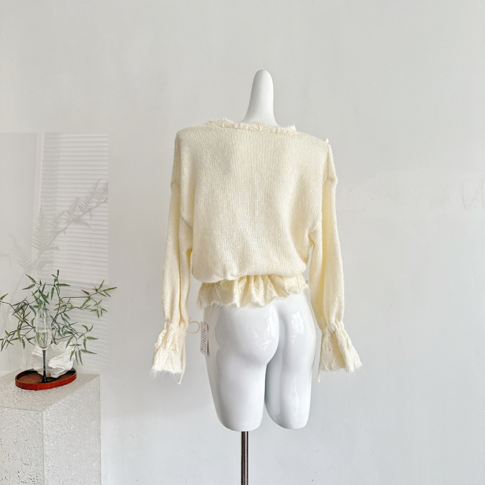 Hollow hairball crochet V-neck sweater for women