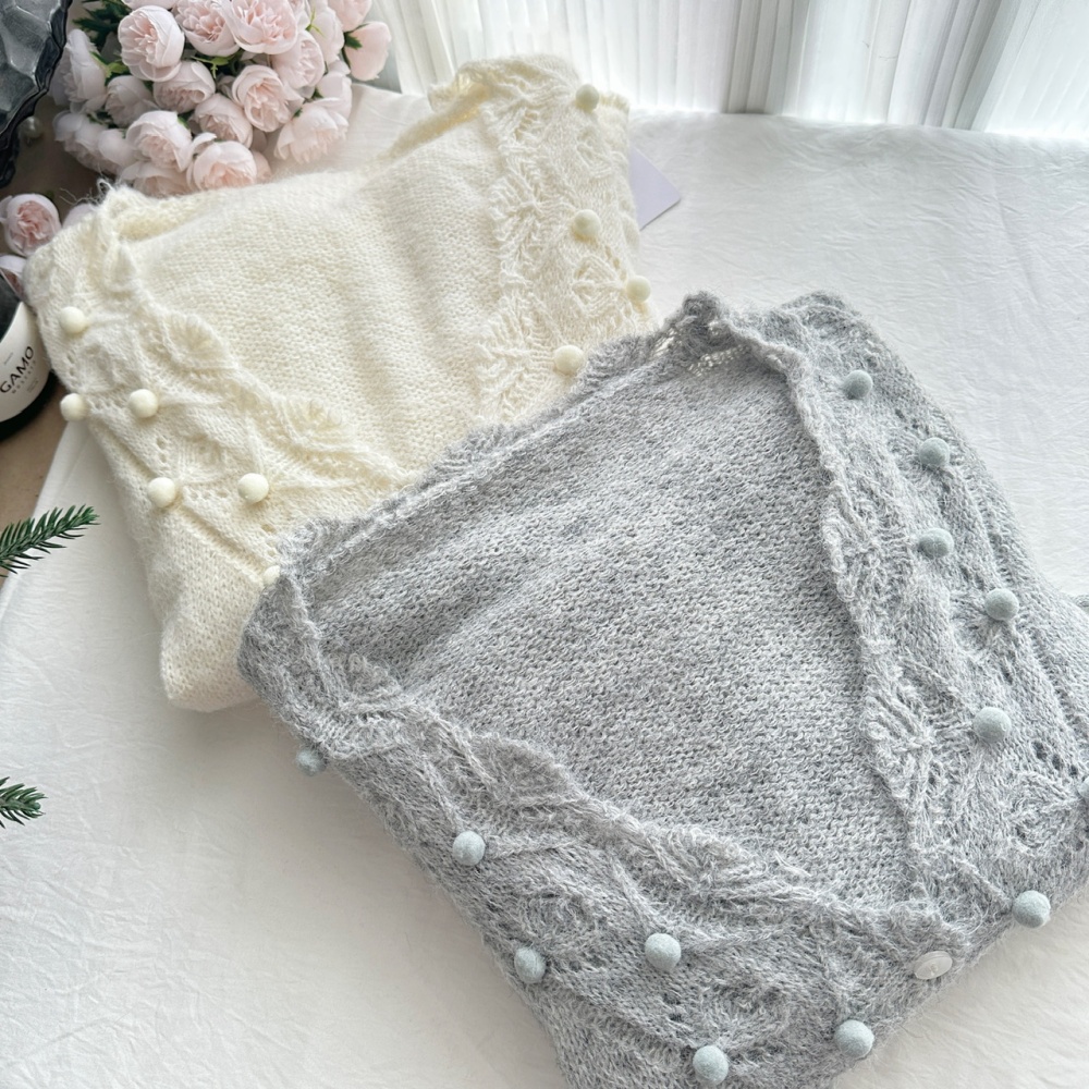 Hollow hairball crochet V-neck sweater for women