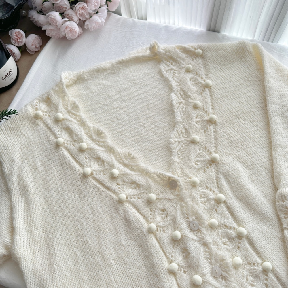 Hollow hairball crochet V-neck sweater for women
