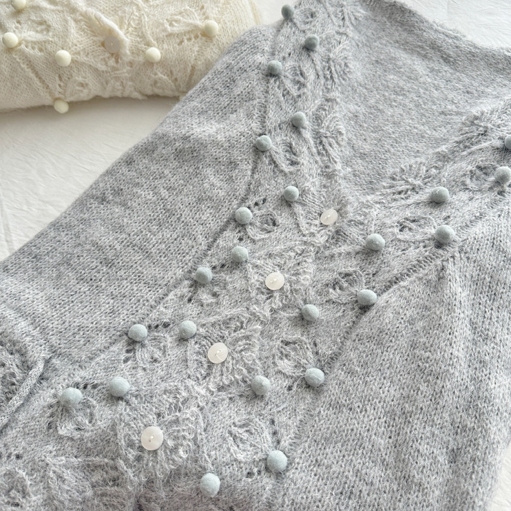 Hollow hairball crochet V-neck sweater for women