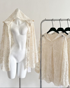 Lace temperament cardigan sunscreen hooded tops for women