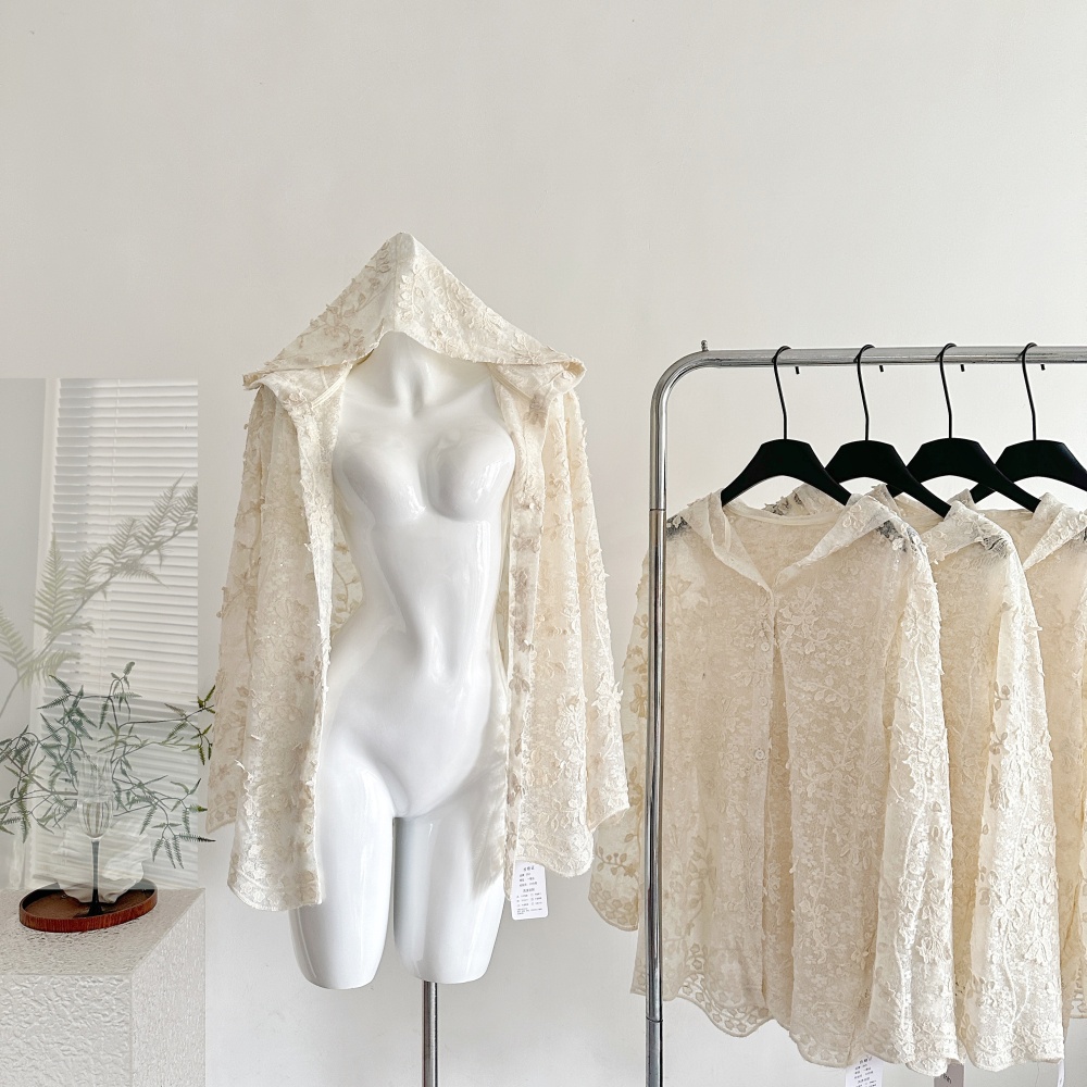 Lace temperament cardigan sunscreen hooded tops for women