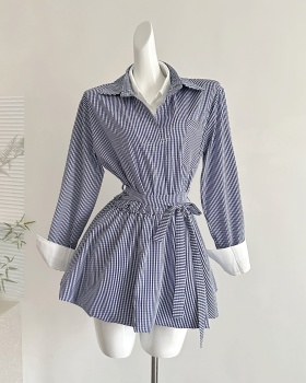 A-line pinched waist dress college style Pseudo-two shirt