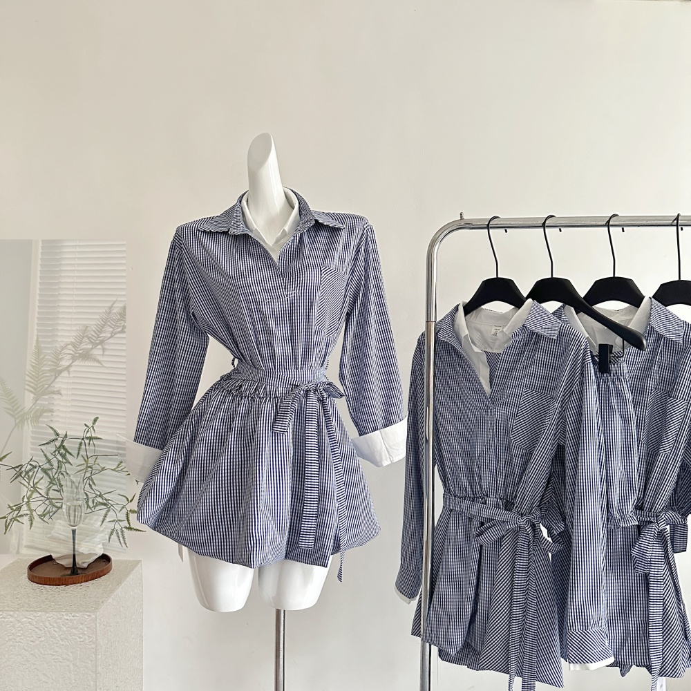 A-line pinched waist dress college style Pseudo-two shirt