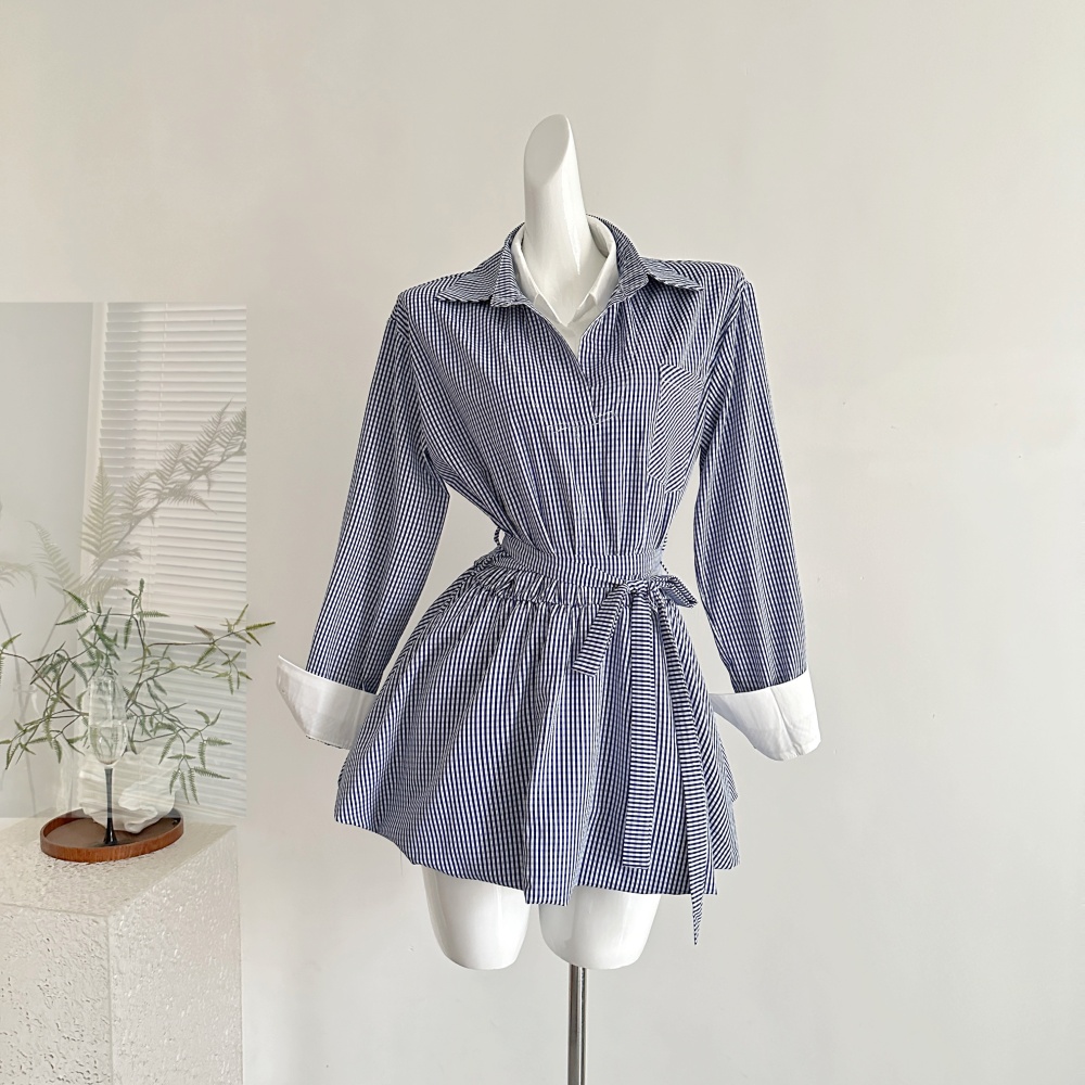 A-line pinched waist dress college style Pseudo-two shirt
