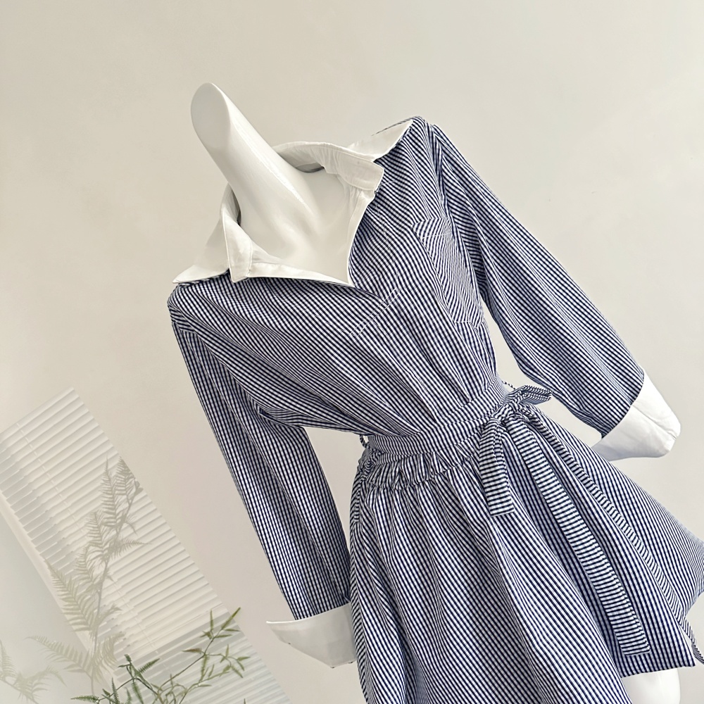 A-line pinched waist dress college style Pseudo-two shirt