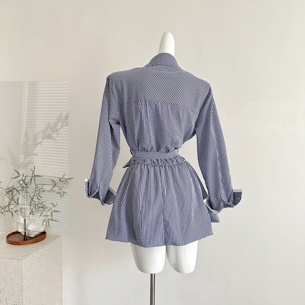 A-line pinched waist dress college style Pseudo-two shirt