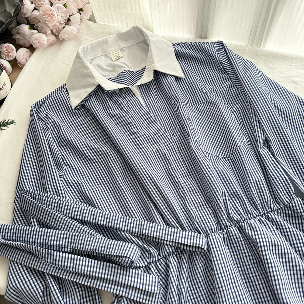 A-line pinched waist dress college style Pseudo-two shirt