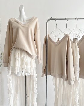 Bow V-neck hoodie splice gauze short skirt a set