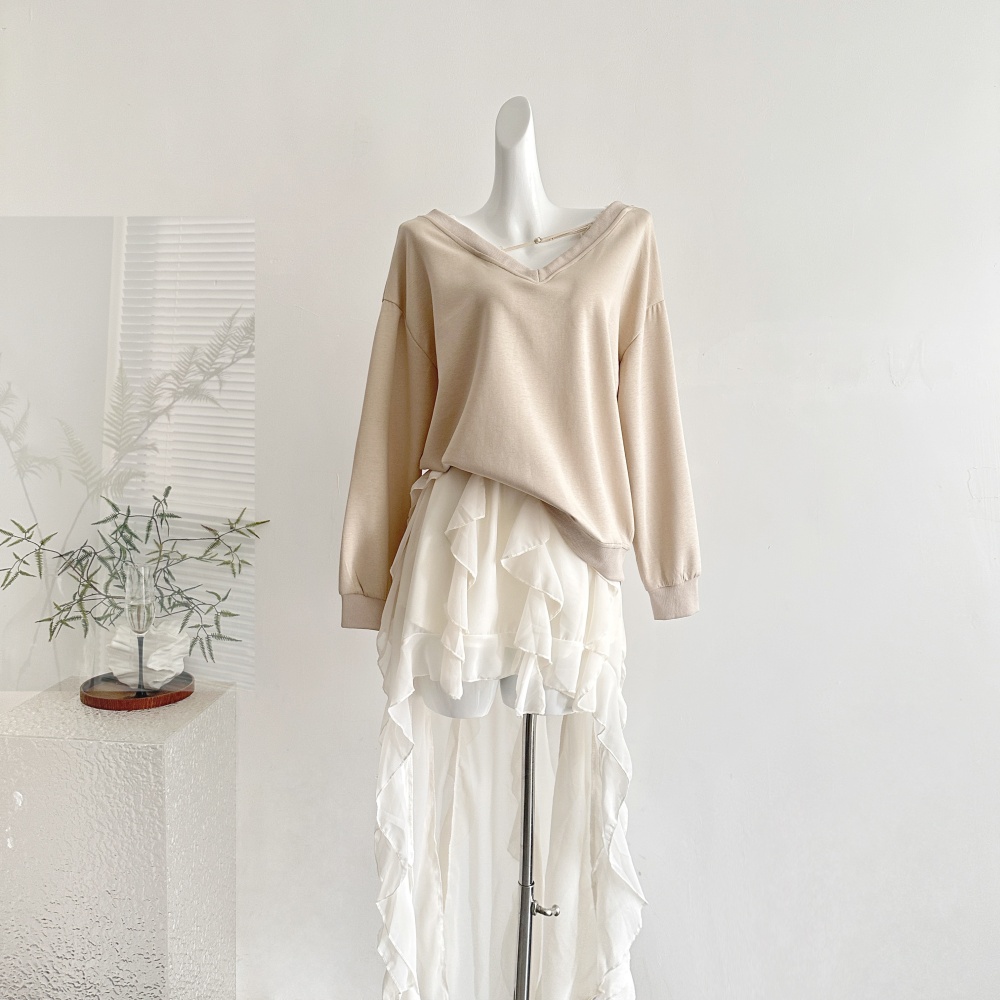 Bow V-neck hoodie splice gauze short skirt a set