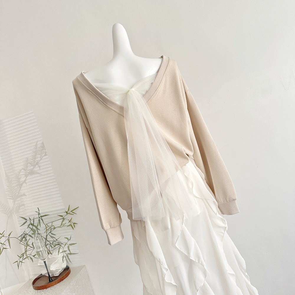 Bow V-neck hoodie splice gauze short skirt a set