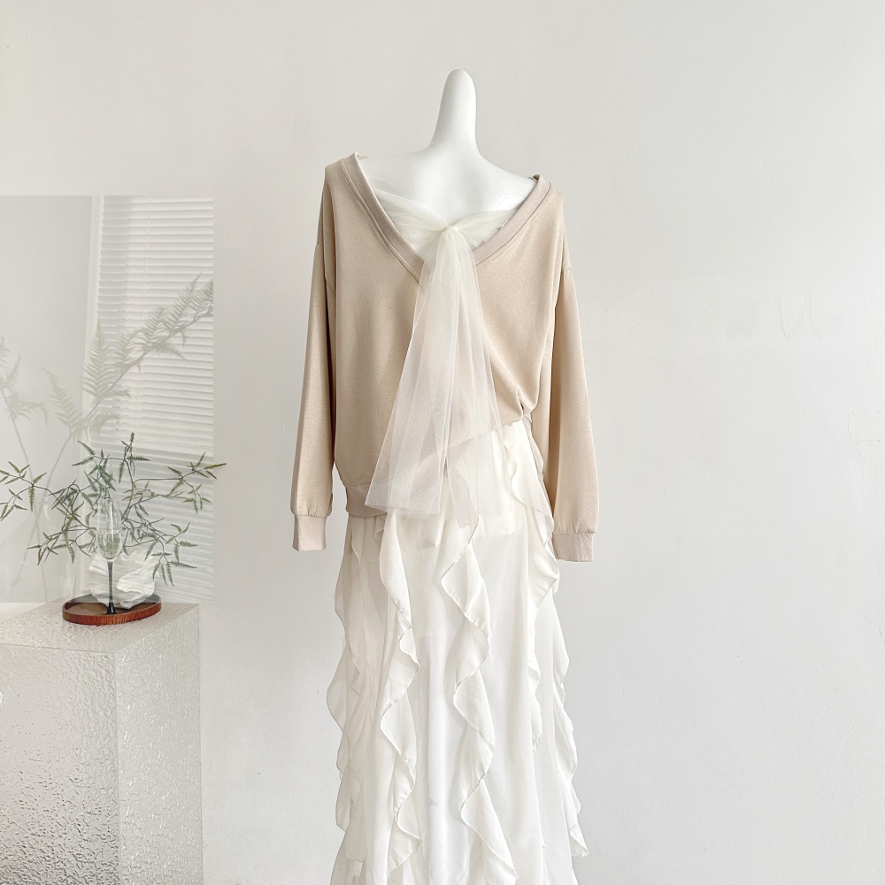 Bow V-neck hoodie splice gauze short skirt a set