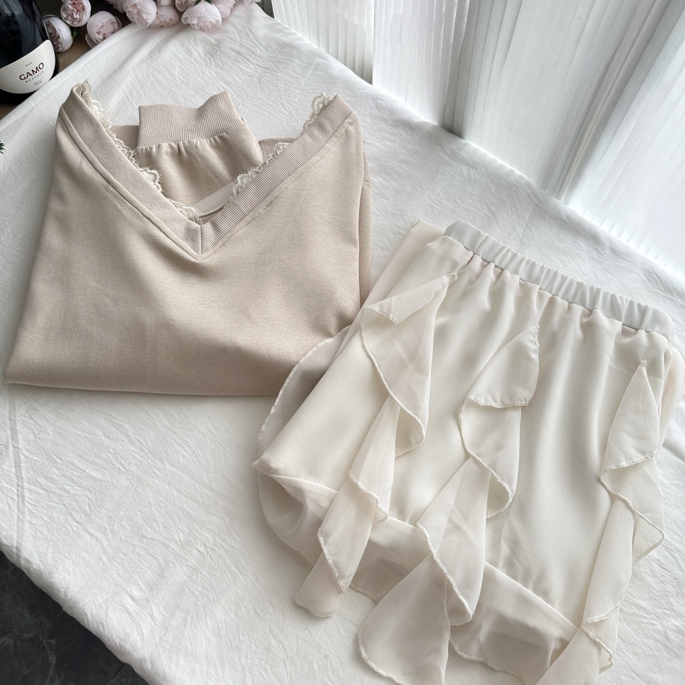 Bow V-neck hoodie splice gauze short skirt a set