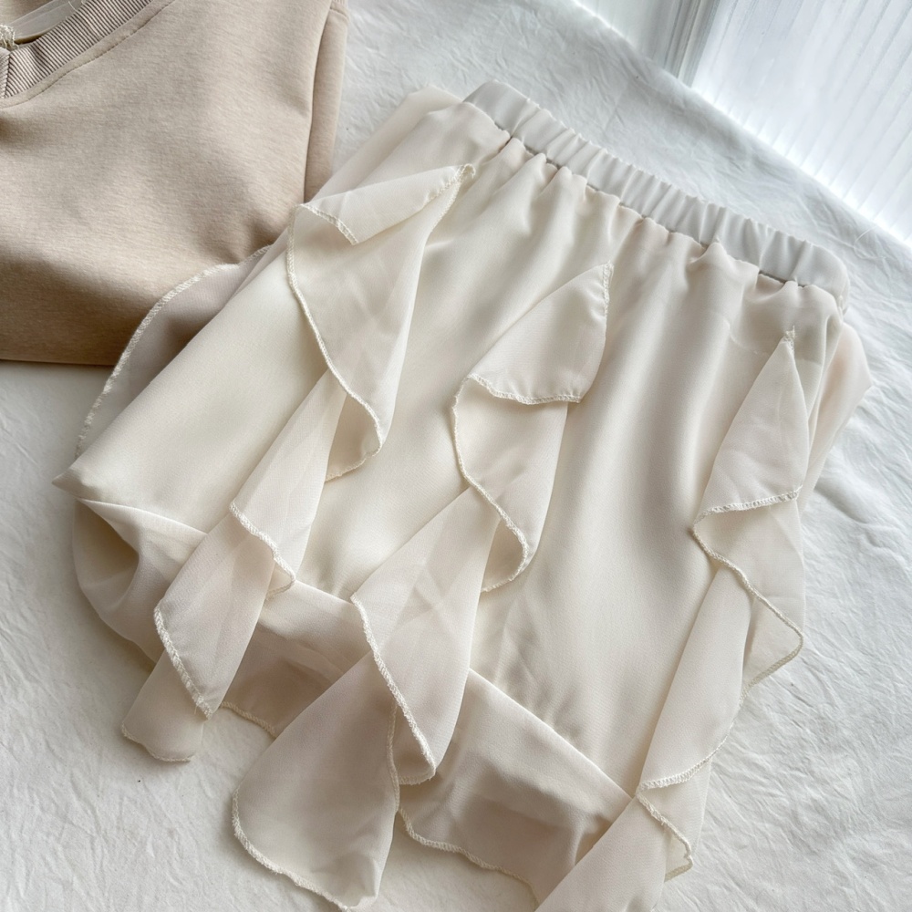 Bow V-neck hoodie splice gauze short skirt a set