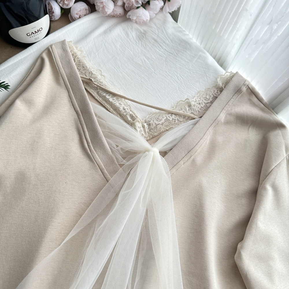 Bow V-neck hoodie splice gauze short skirt a set
