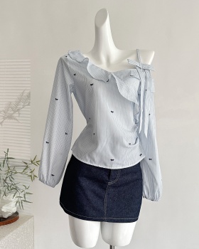Lace stripe shirt bow strapless short skirt a set