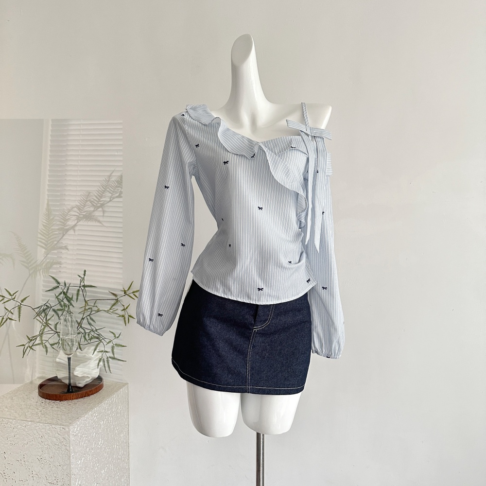 Lace stripe shirt bow strapless short skirt a set