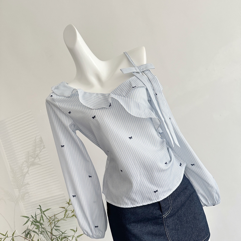 Lace stripe shirt bow strapless short skirt a set