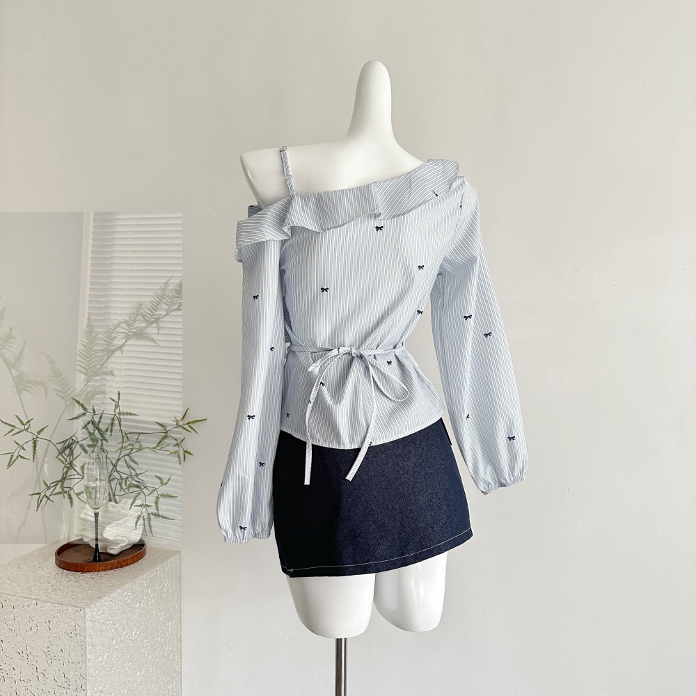 Lace stripe shirt bow strapless short skirt a set