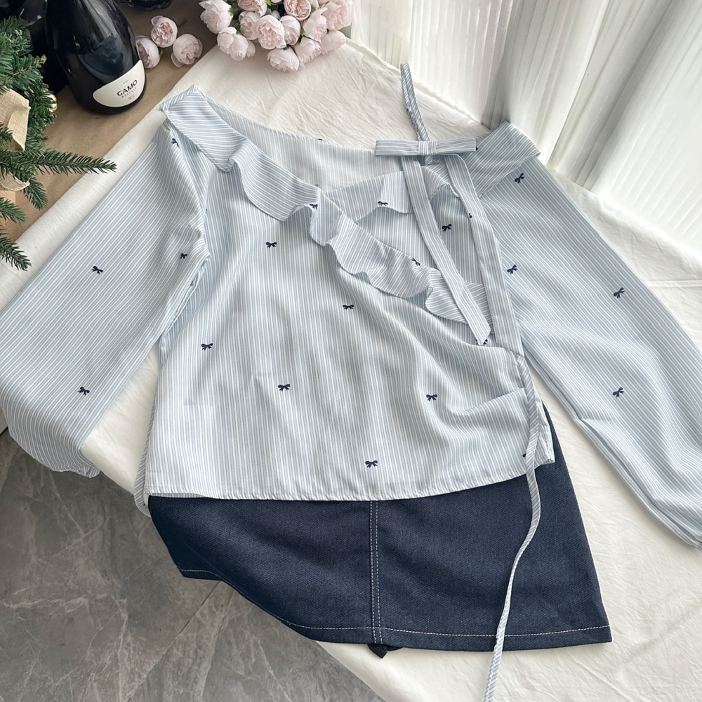 Lace stripe shirt bow strapless short skirt a set