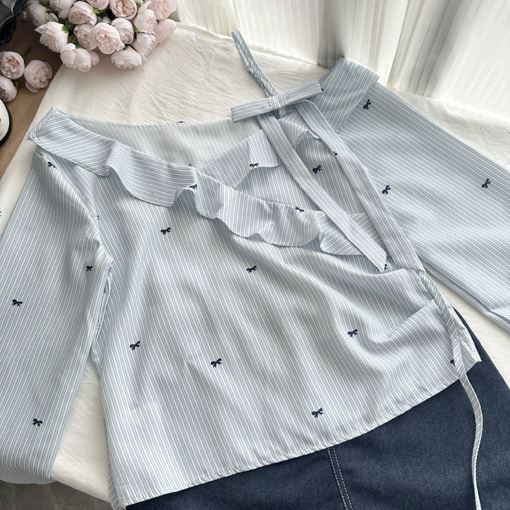 Lace stripe shirt bow strapless short skirt a set