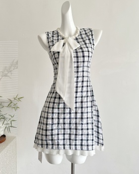 Bandage summer bow vest plaid pinched waist T-back