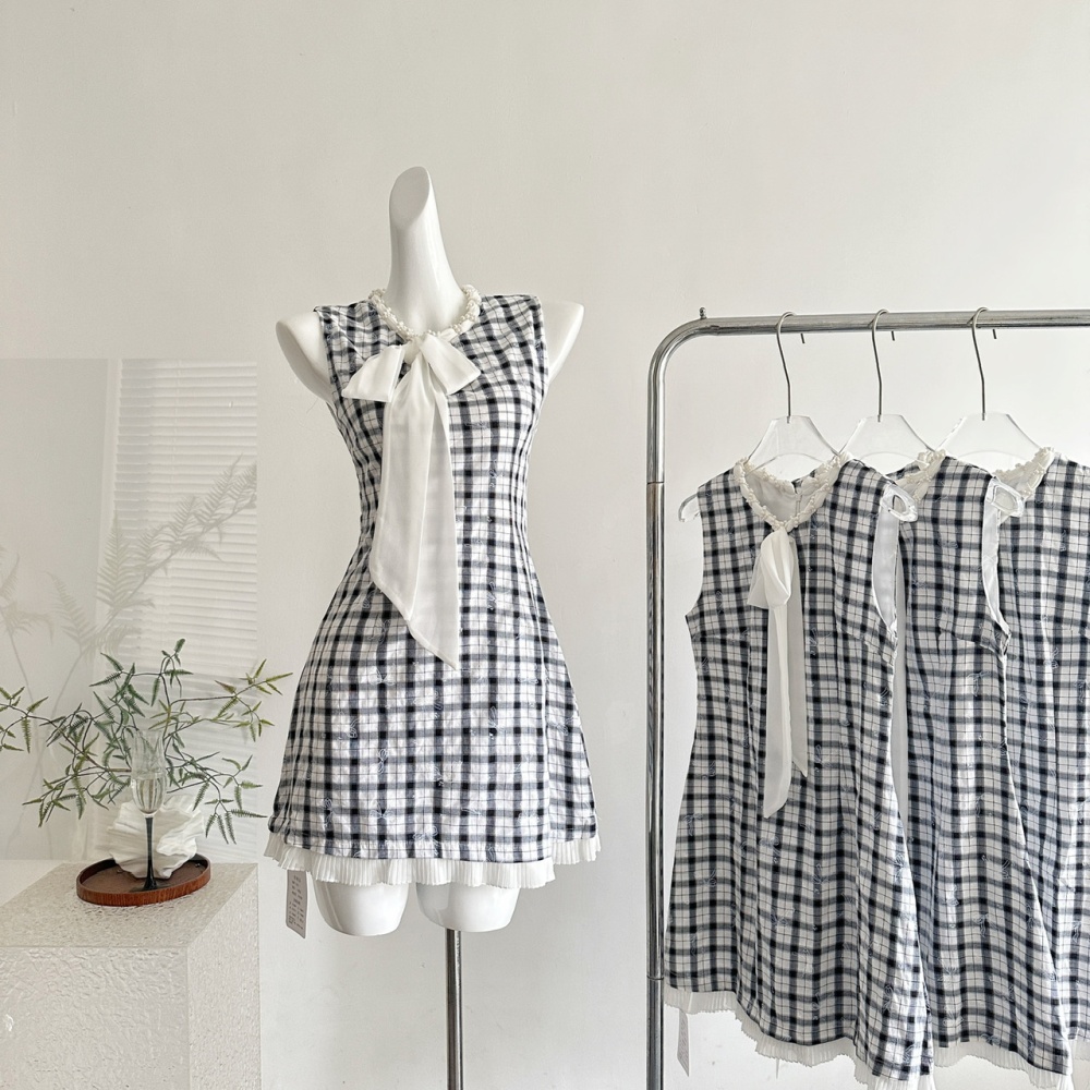 Bandage summer bow vest plaid pinched waist T-back