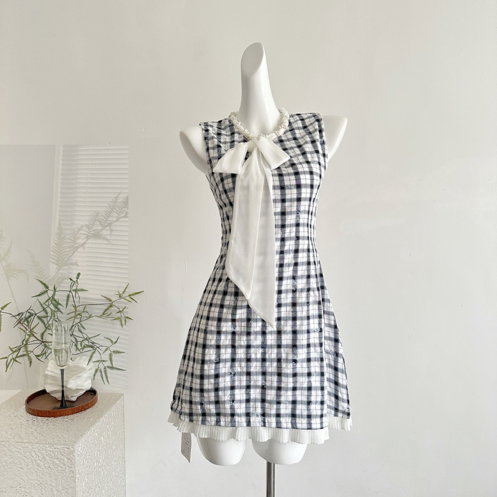 Bandage summer bow vest plaid pinched waist T-back