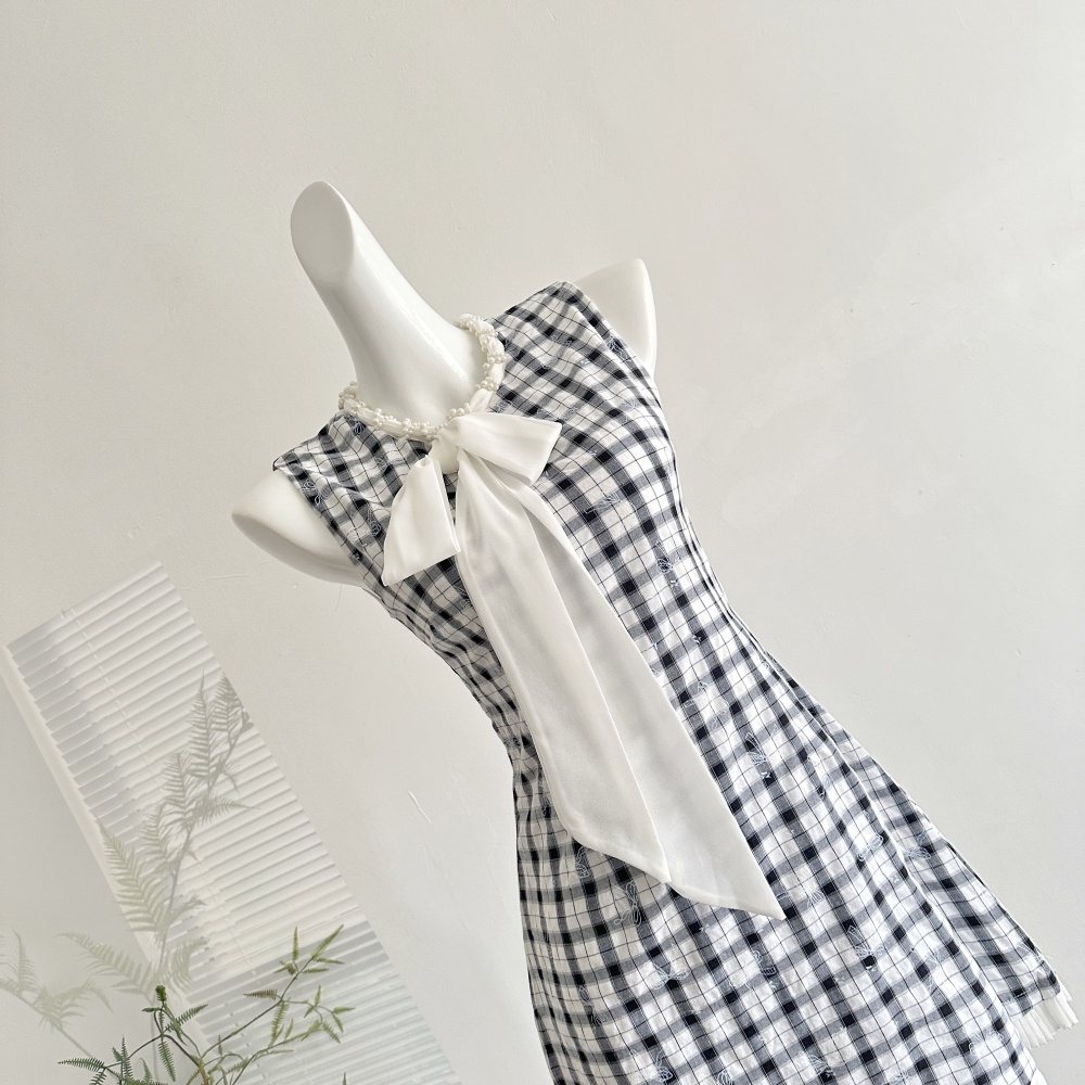 Bandage summer bow vest plaid pinched waist T-back