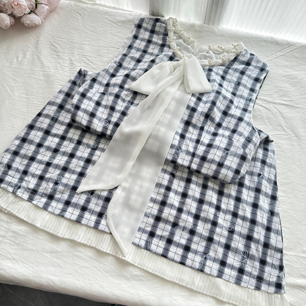 Bandage summer bow vest plaid pinched waist T-back