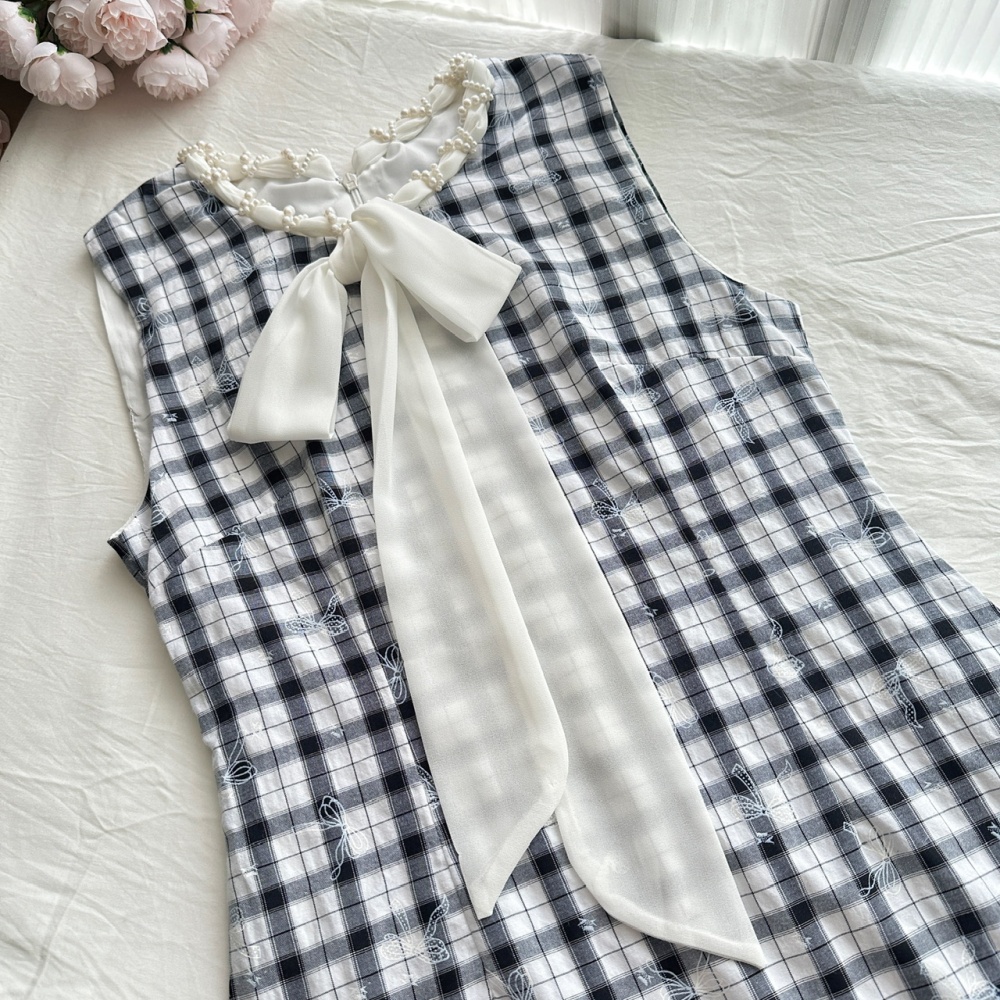 Bandage summer bow vest plaid pinched waist T-back