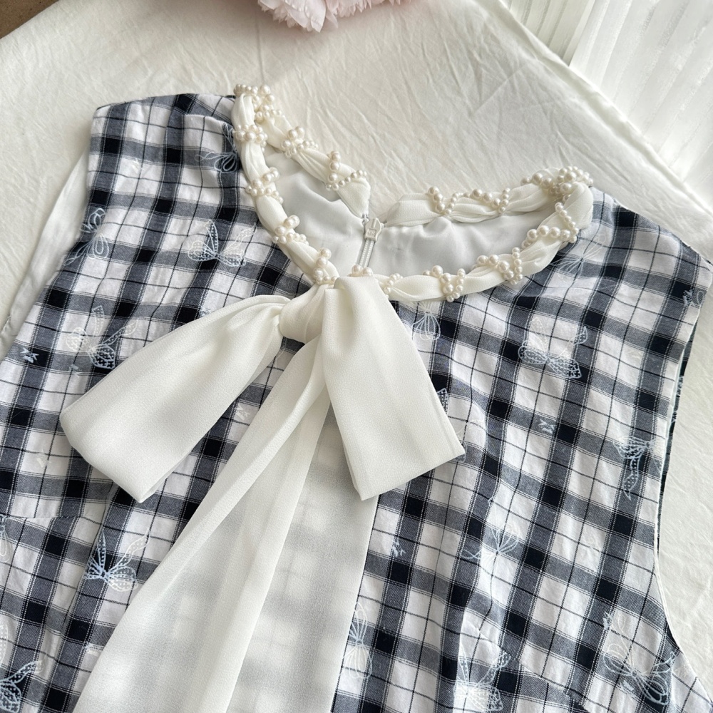 Bandage summer bow vest plaid pinched waist T-back