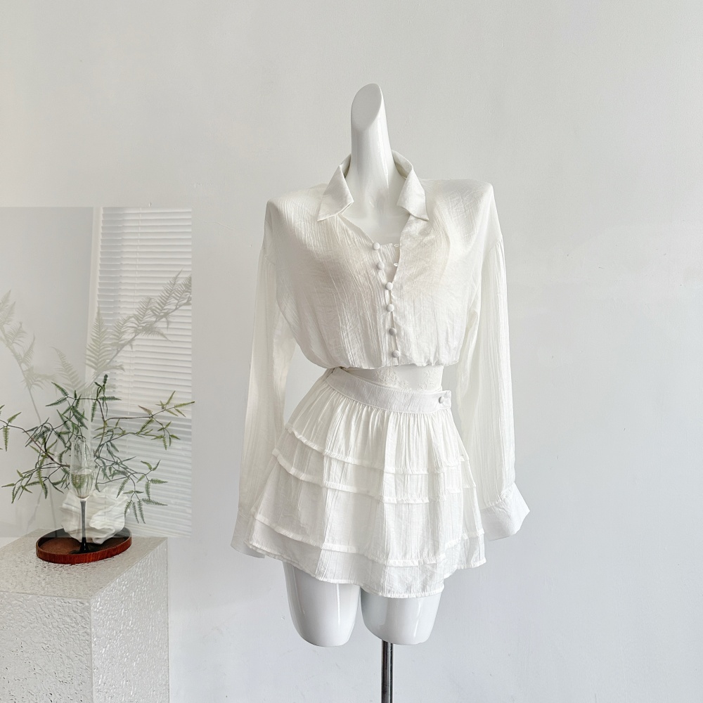 Lace summer short skirt sling sunscreen shirt 3pcs set
