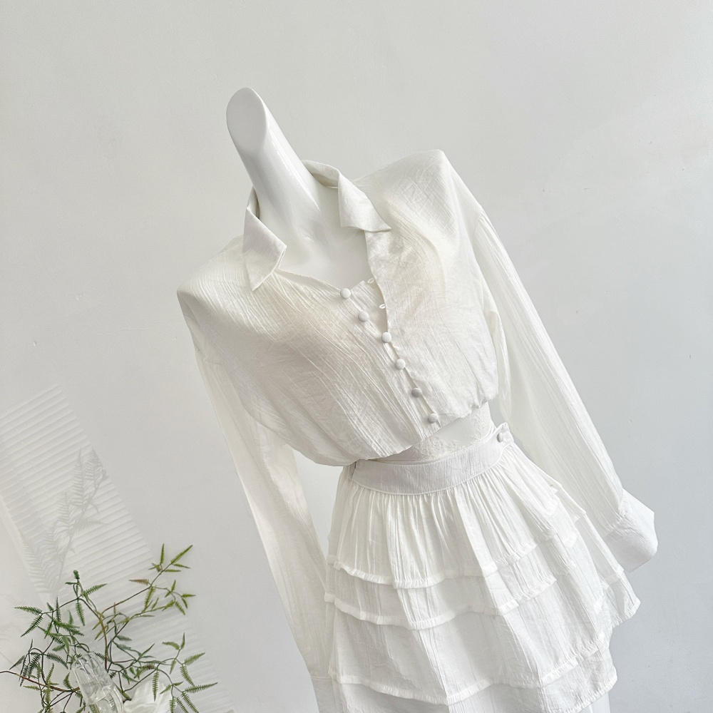 Lace summer short skirt sling sunscreen shirt 3pcs set